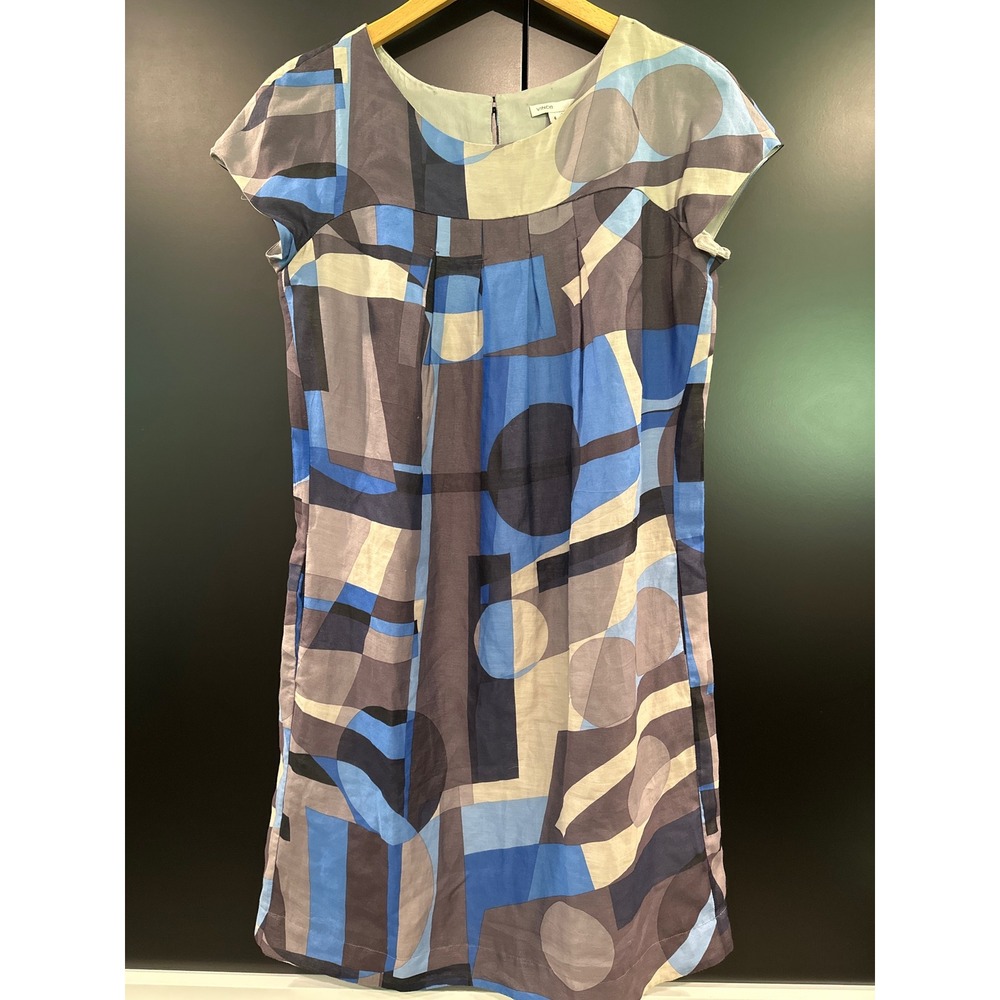 Vince Womens‎ Blue Abstract Geometric Silk Cotton Shift Dress Cap Sleeve Size 4